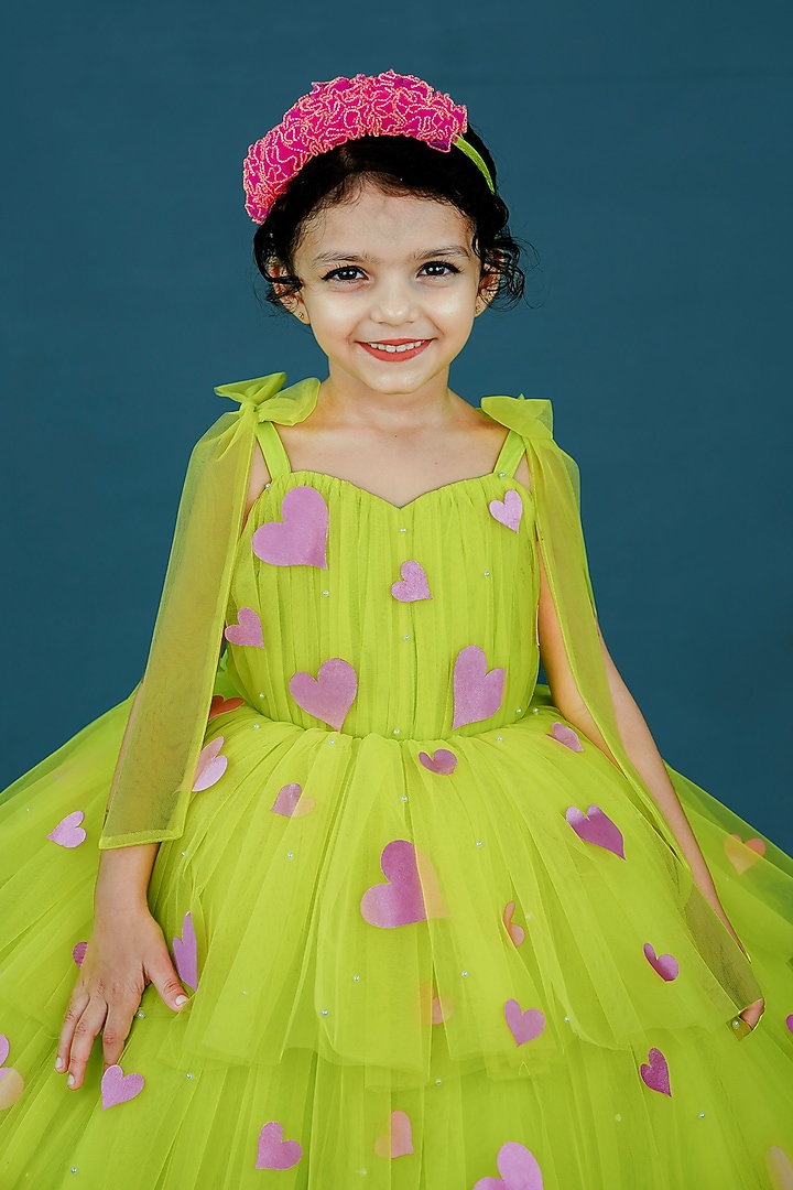 Lime Green Net & Satin Embellished Layered Gown For Girls by Li & Li Boutique at Pernia's Pop Up Shop