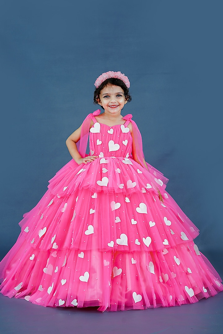 Neon Pink Net & Satin Embellished Layered Gown For Girls by Li & Li Boutique at Pernia's Pop Up Shop