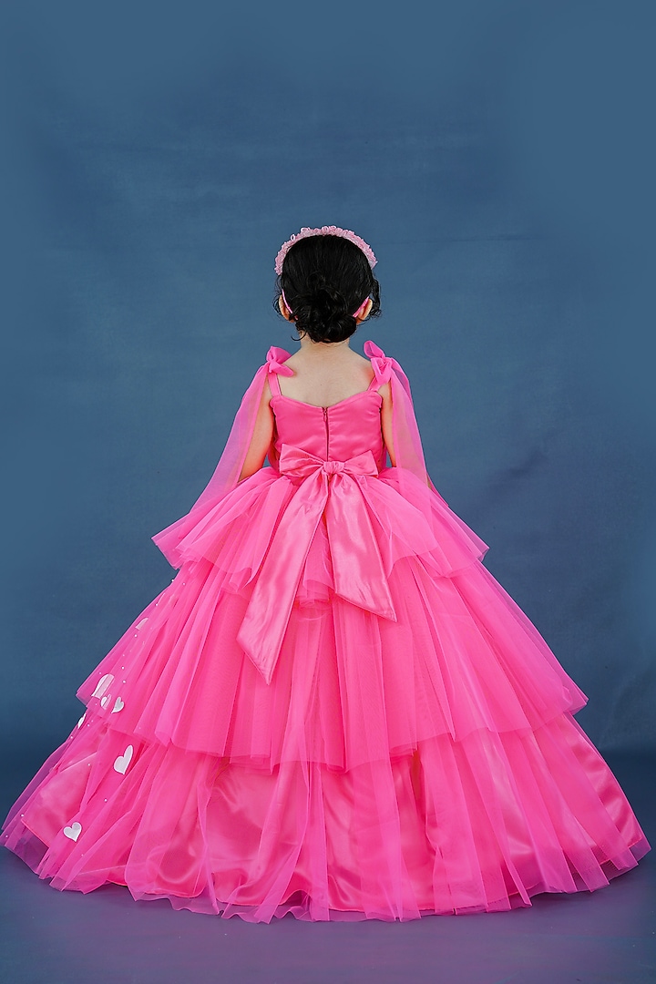 Neon Pink Net & Satin Embellished Layered Gown For Girls by Li & Li Boutique at Pernia's Pop Up Shop