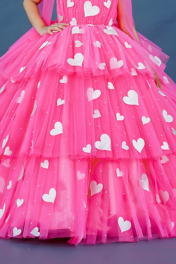 Neon Pink Net & Satin Embellished Layered Gown For Girls by Li & Li Boutique at Pernia's Pop Up Shop