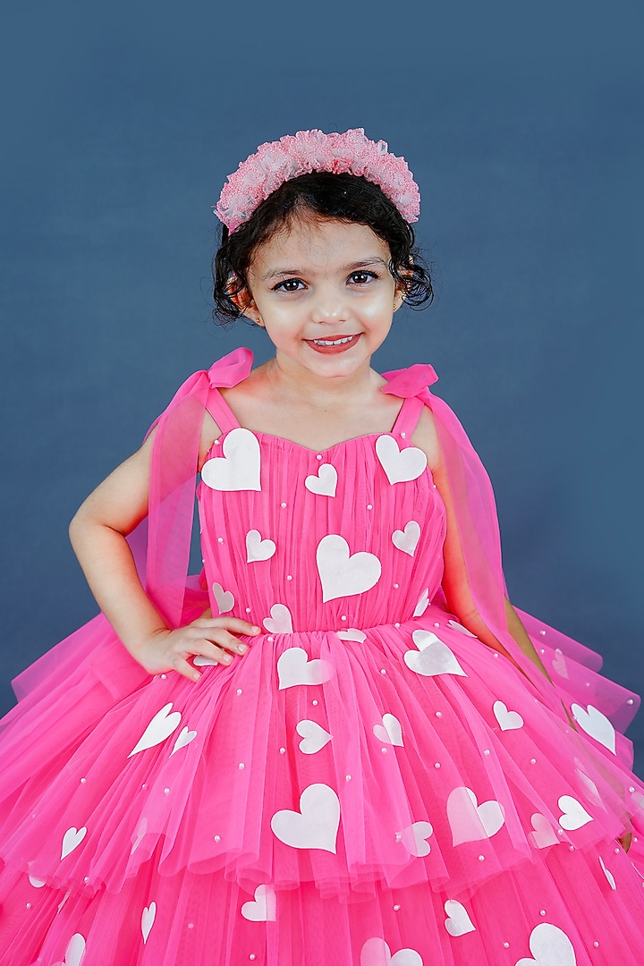 Neon Pink Net & Satin Embellished Layered Gown For Girls by Li & Li Boutique at Pernia's Pop Up Shop