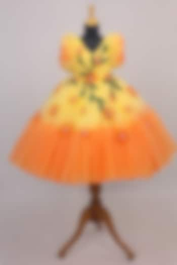 Orange & Yellow Net & Satin Floral Embroidered Frilled Gown For Girls by Li & Li Boutique at Pernia's Pop Up Shop