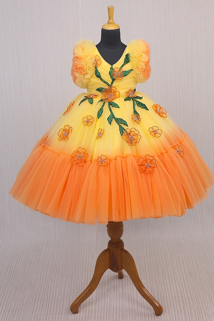 Orange & Yellow Net & Satin Floral Embroidered Frilled Gown For Girls by Li & Li Boutique at Pernia's Pop Up Shop