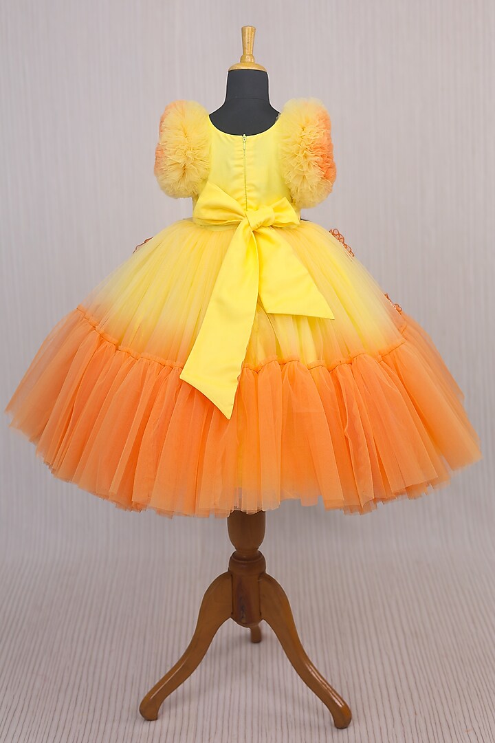 Orange & Yellow Net & Satin Floral Embroidered Frilled Gown For Girls by Li & Li Boutique at Pernia's Pop Up Shop