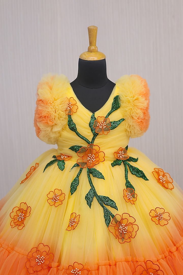 Orange & Yellow Net & Satin Floral Embroidered Frilled Gown For Girls by Li & Li Boutique at Pernia's Pop Up Shop