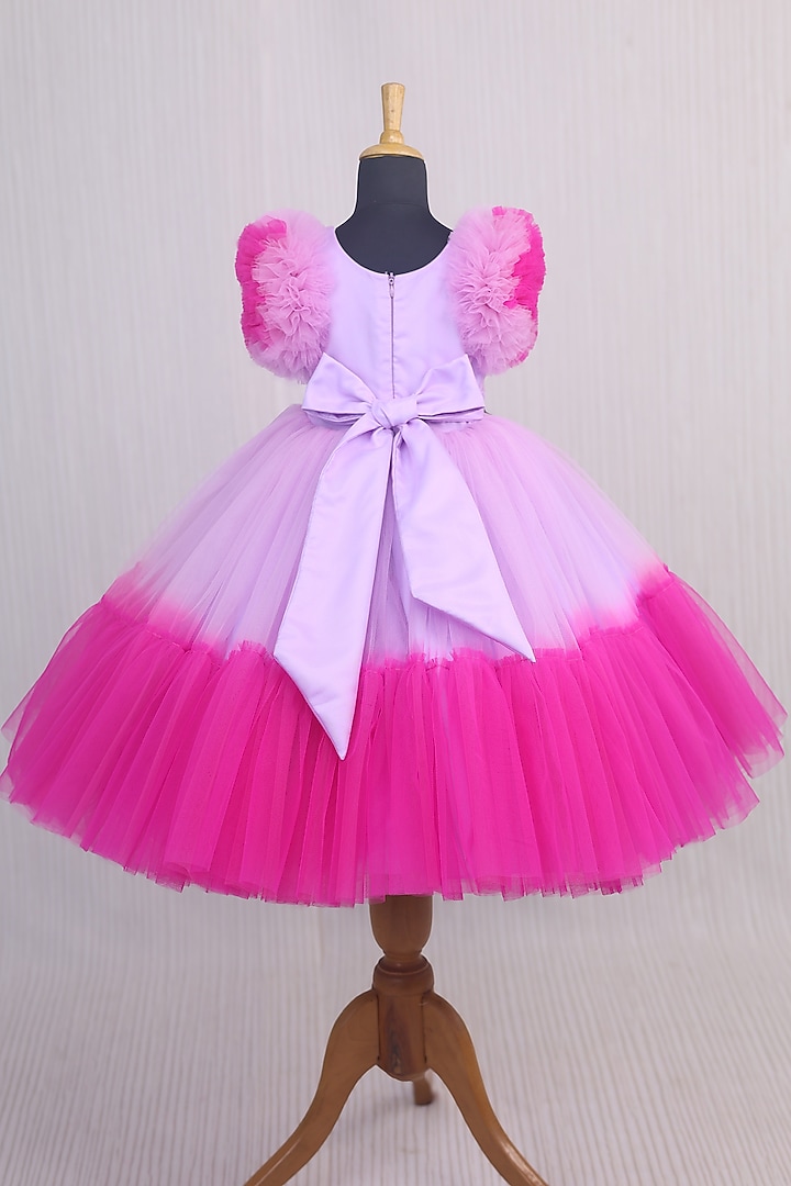 Pink Net & Satin Floral Embroidered Frilled Gown For Girls by Li & Li Boutique at Pernia's Pop Up Shop
