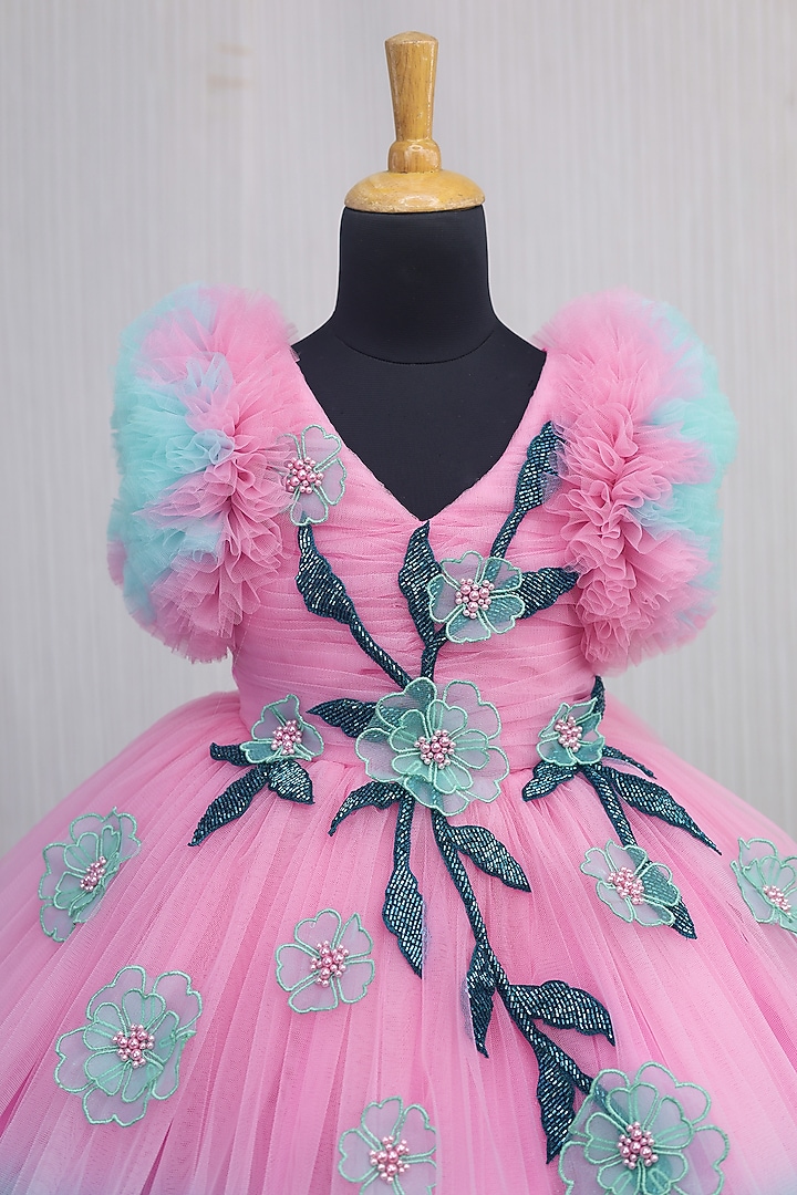 Pink Net & Satin Floral Embroidered Frilled Gown For Girls by Li & Li Boutique at Pernia's Pop Up Shop