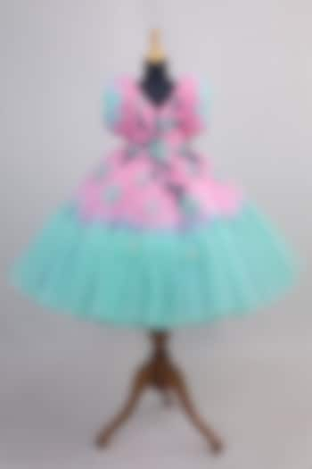 Turquoise & Pink Net & Satin Floral Embroidered Frilled Gown For Girls by Li & Li Boutique at Pernia's Pop Up Shop