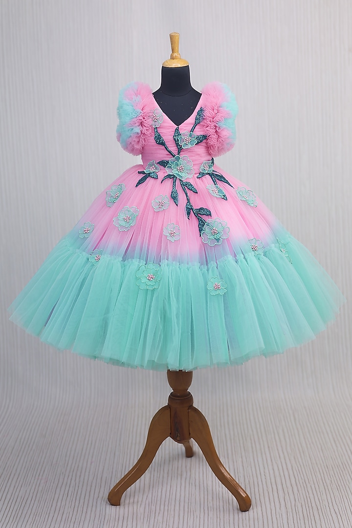 Turquoise & Pink Net & Satin Floral Embroidered Frilled Gown For Girls by Li & Li Boutique at Pernia's Pop Up Shop