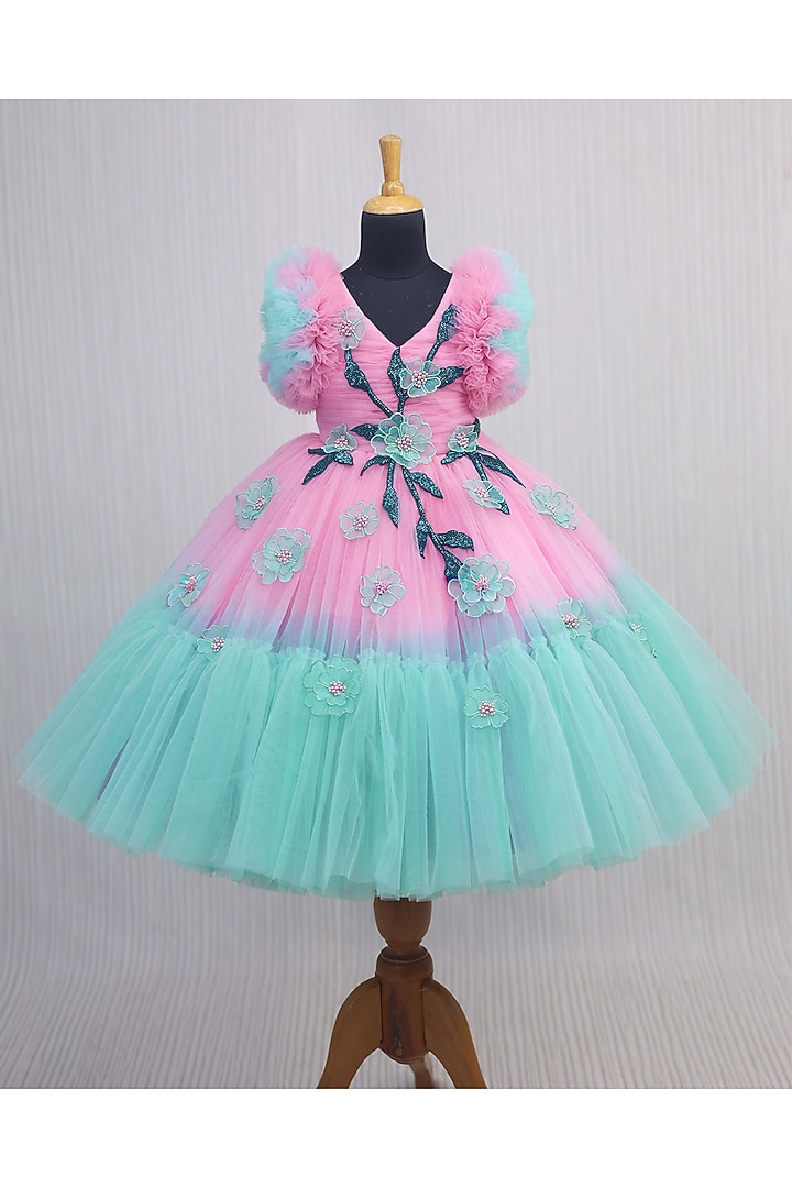 Turquoise Net & Satin Gown For Girls by Li & Li Boutique at Pernia's Pop Up Shop