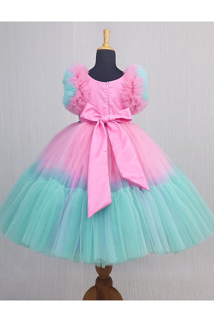 Turquoise Net & Satin Gown For Girls by Li & Li Boutique at Pernia's Pop Up Shop
