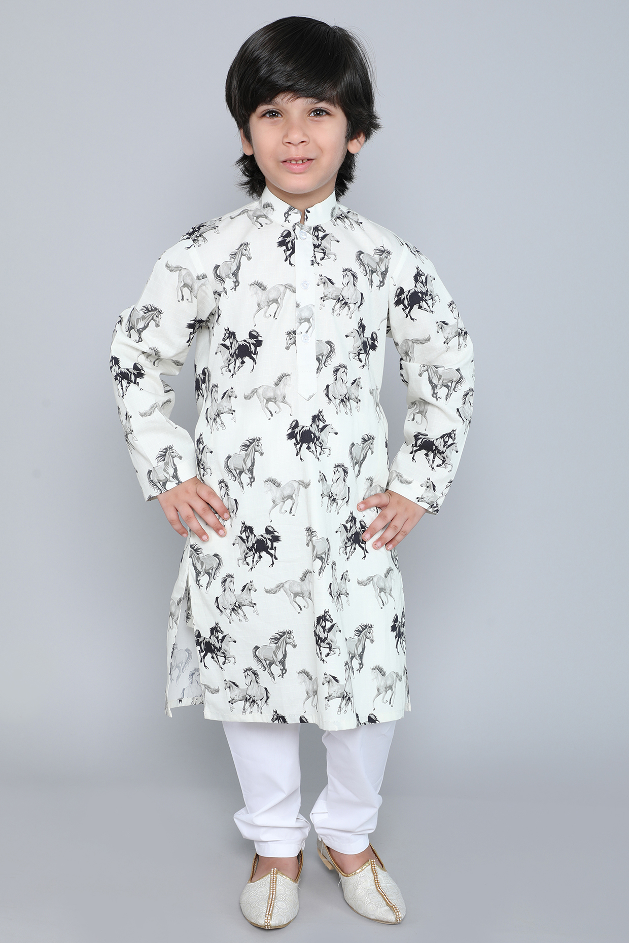 Cream Pure Cotton Printed Kurta Set For Boys by Little Clothings