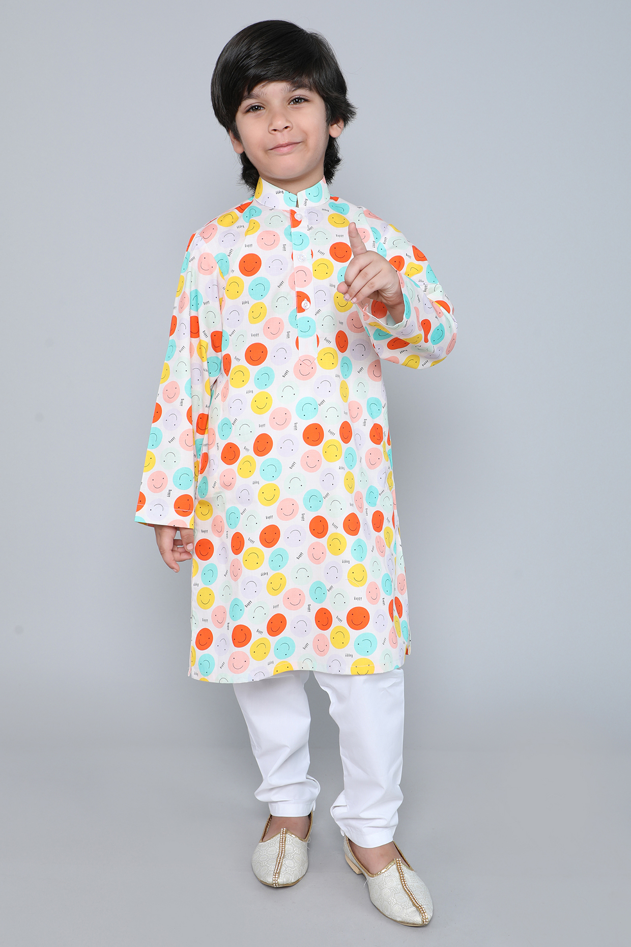 Cream Pure Cotton Printed Kurta Set For Boys by Little Clothings
