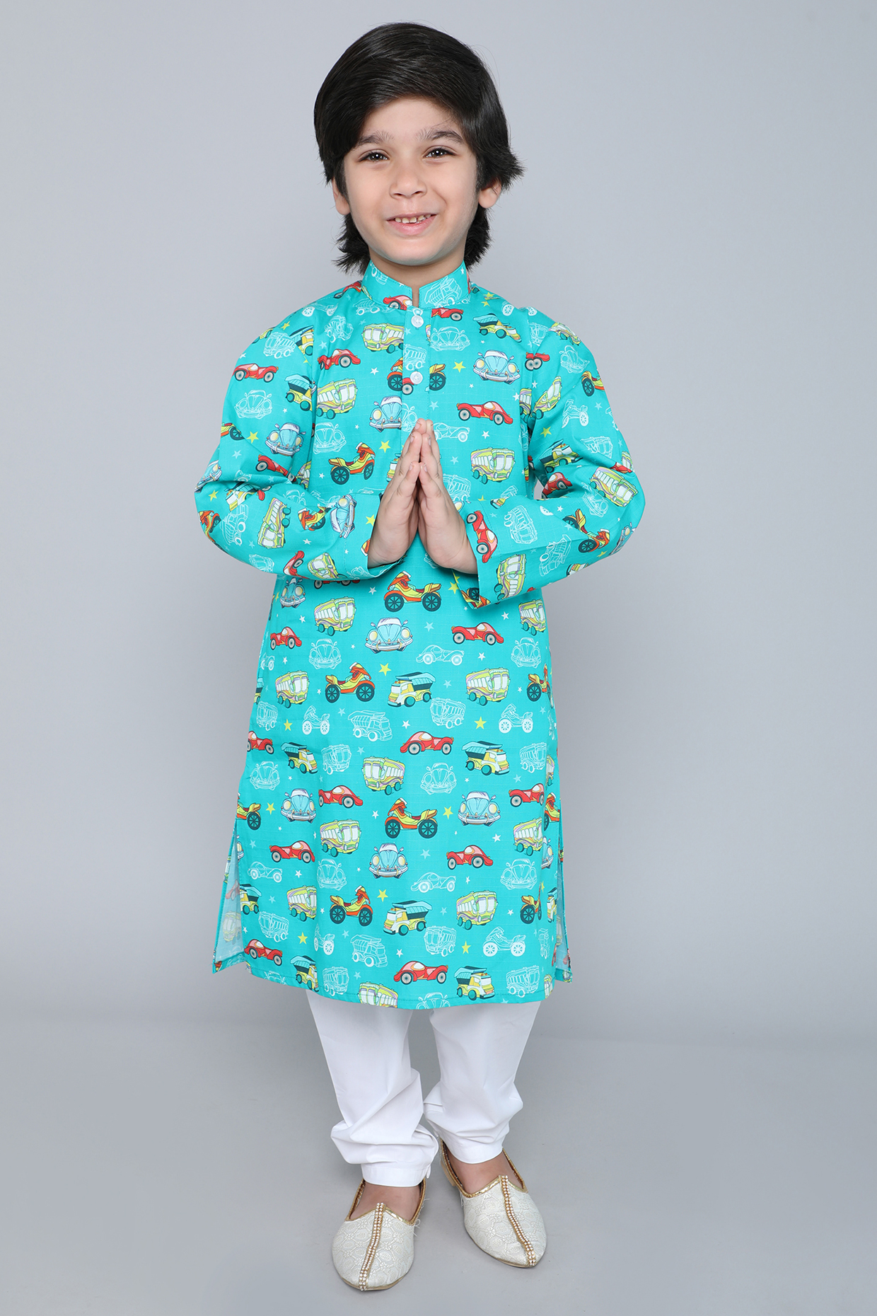 Teal Pure Cotton Printed Kurta Set For Boys by Little Clothings