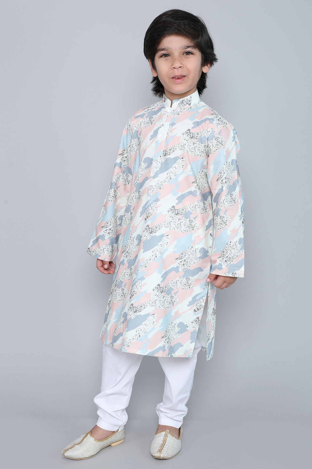 Cream Pure Cotton Abstract Printed Kurta Set For Boys by Little Clothings