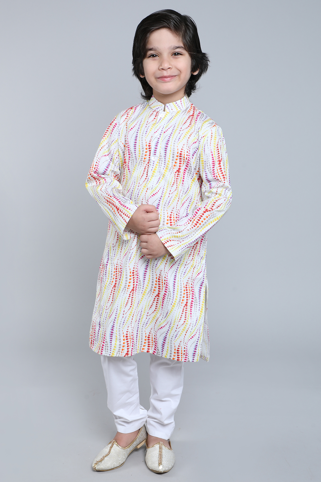 Cream Pure Cotton Abstract Printed Kurta Set For Boys by Little Clothings