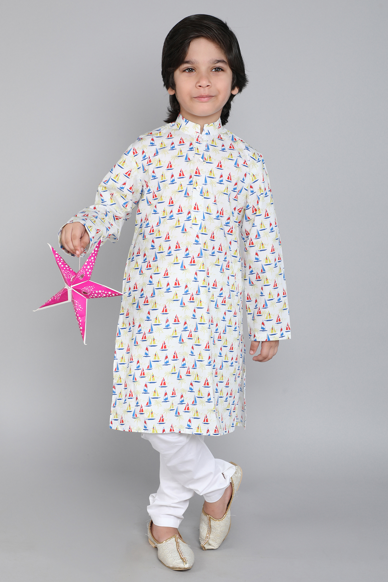 Cream Pure Cotton Printed Kurta Set For Boys by Little Clothings