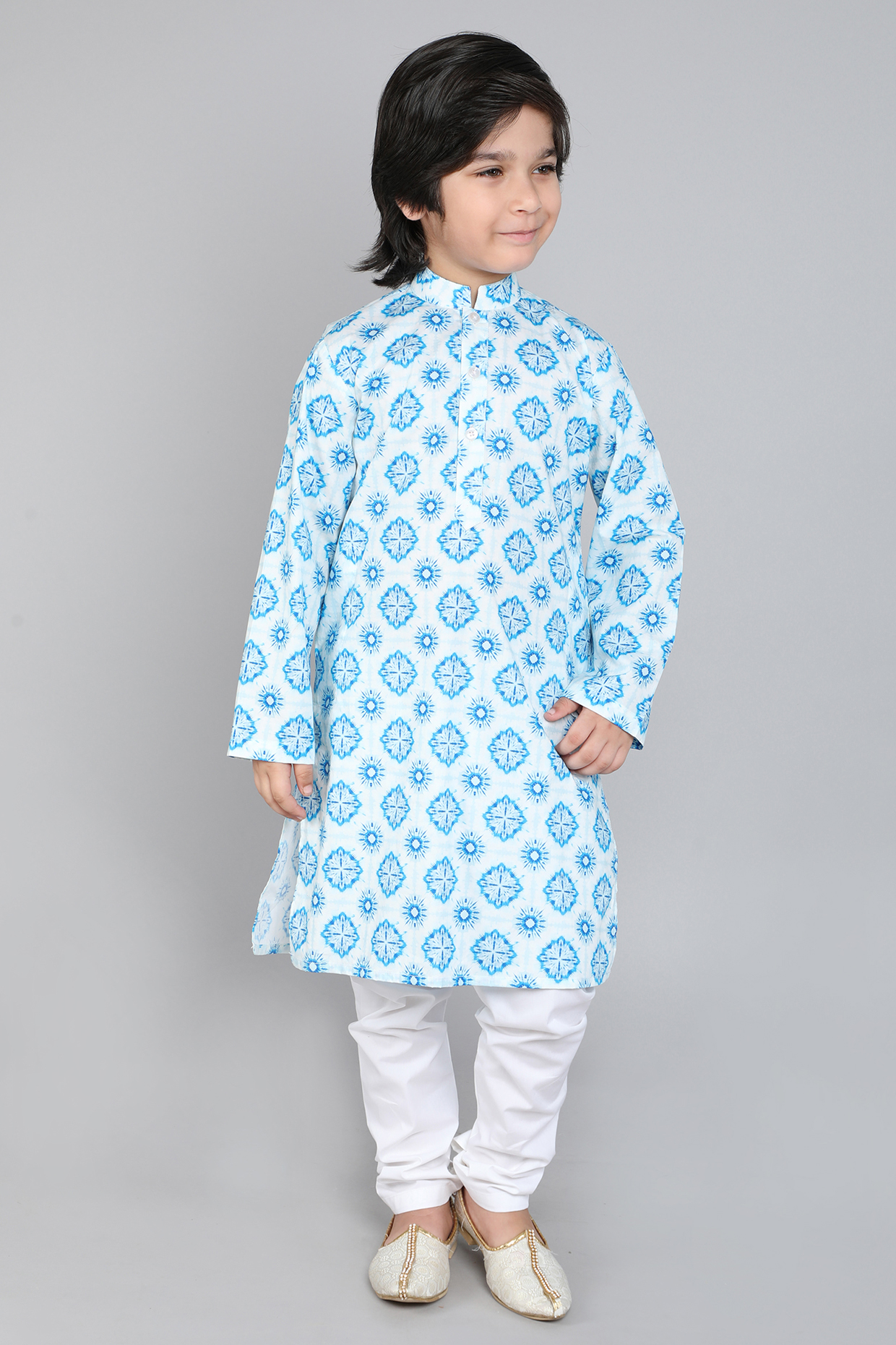 Blue Pure Cotton Geometric Printed Kurta Set For Boys by Little Clothings