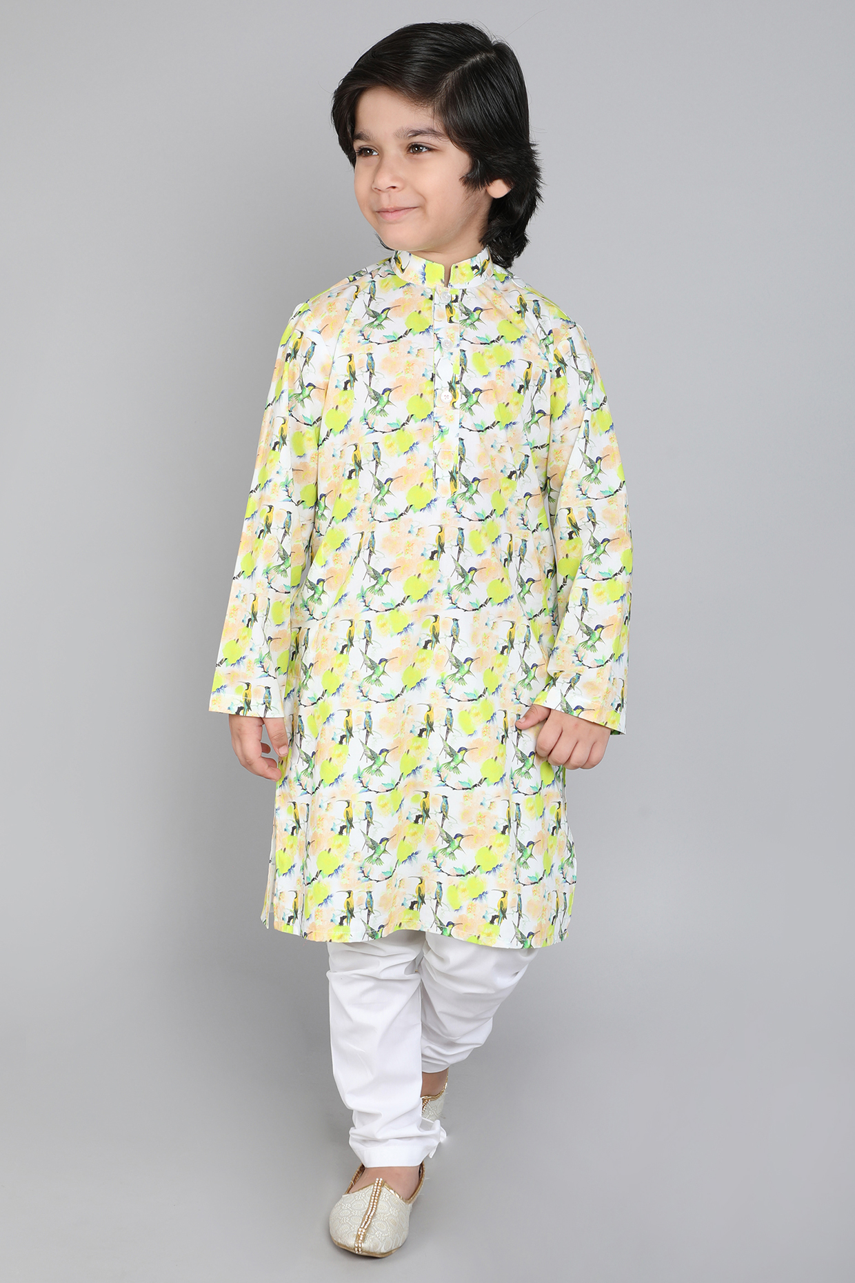 Cream Pure Cotton Geometric Printed Kurta Set For Boys by Little Clothings