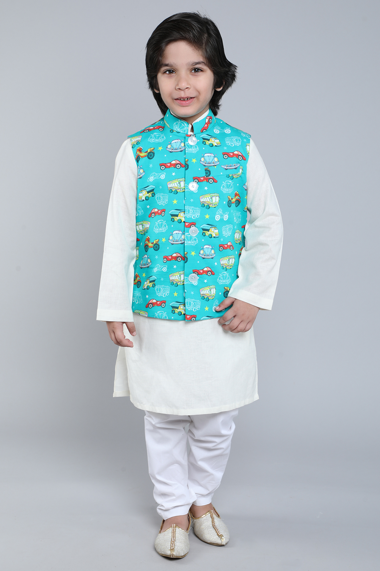 Teal Pure Cotton Printed Nehru Jacket Set For Boys by Little Clothings