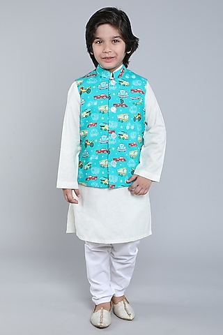 Teal Pure Cotton Printed Nehru Jacket Set For Boys by Little Clothings