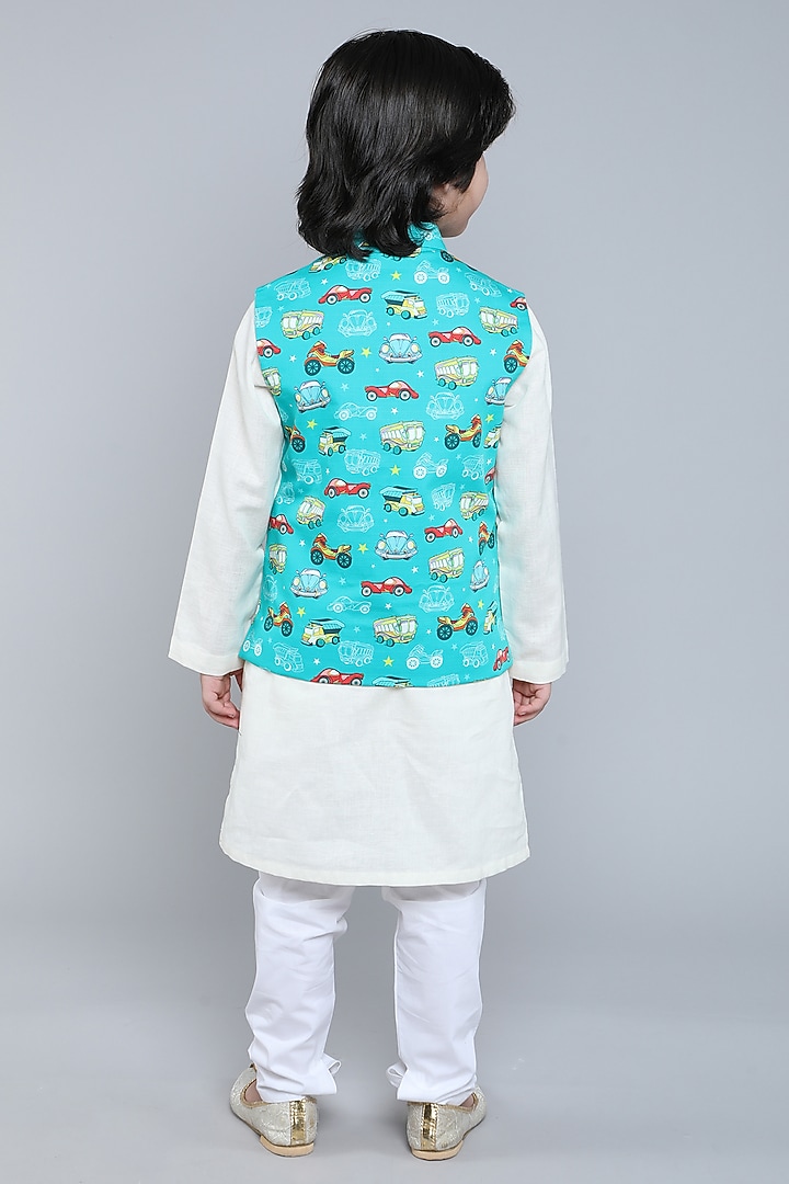 Teal Pure Cotton Printed Nehru Jacket Set For Boys by Little Clothings at Pernia's Pop Up Shop