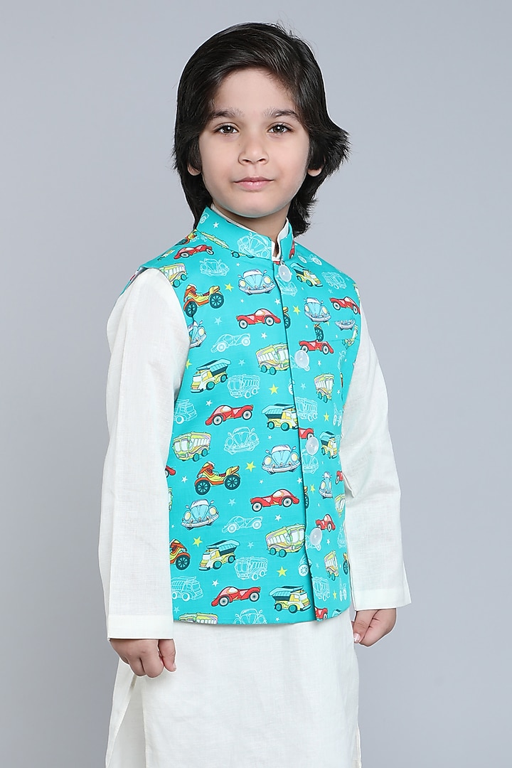 Teal Pure Cotton Printed Nehru Jacket Set For Boys by Little Clothings at Pernia's Pop Up Shop