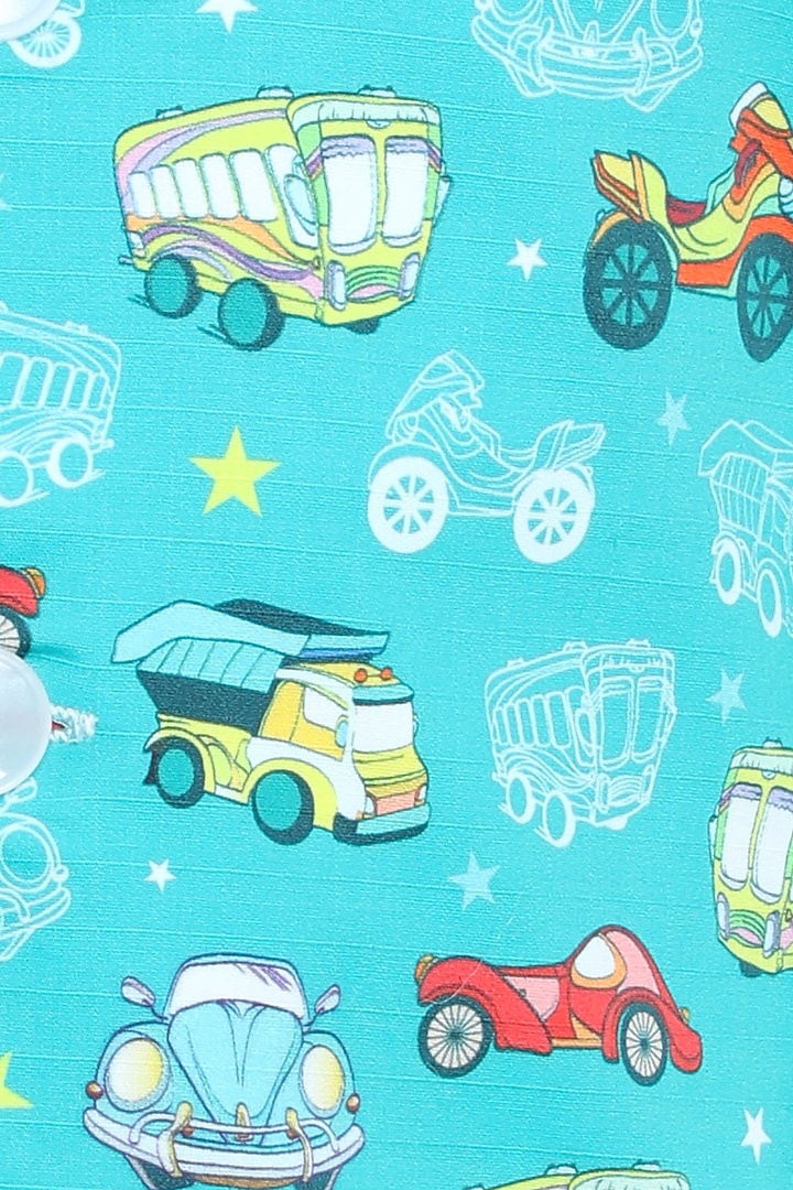 Teal Pure Cotton Printed Nehru Jacket Set For Boys by Little Clothings at Pernia's Pop Up Shop