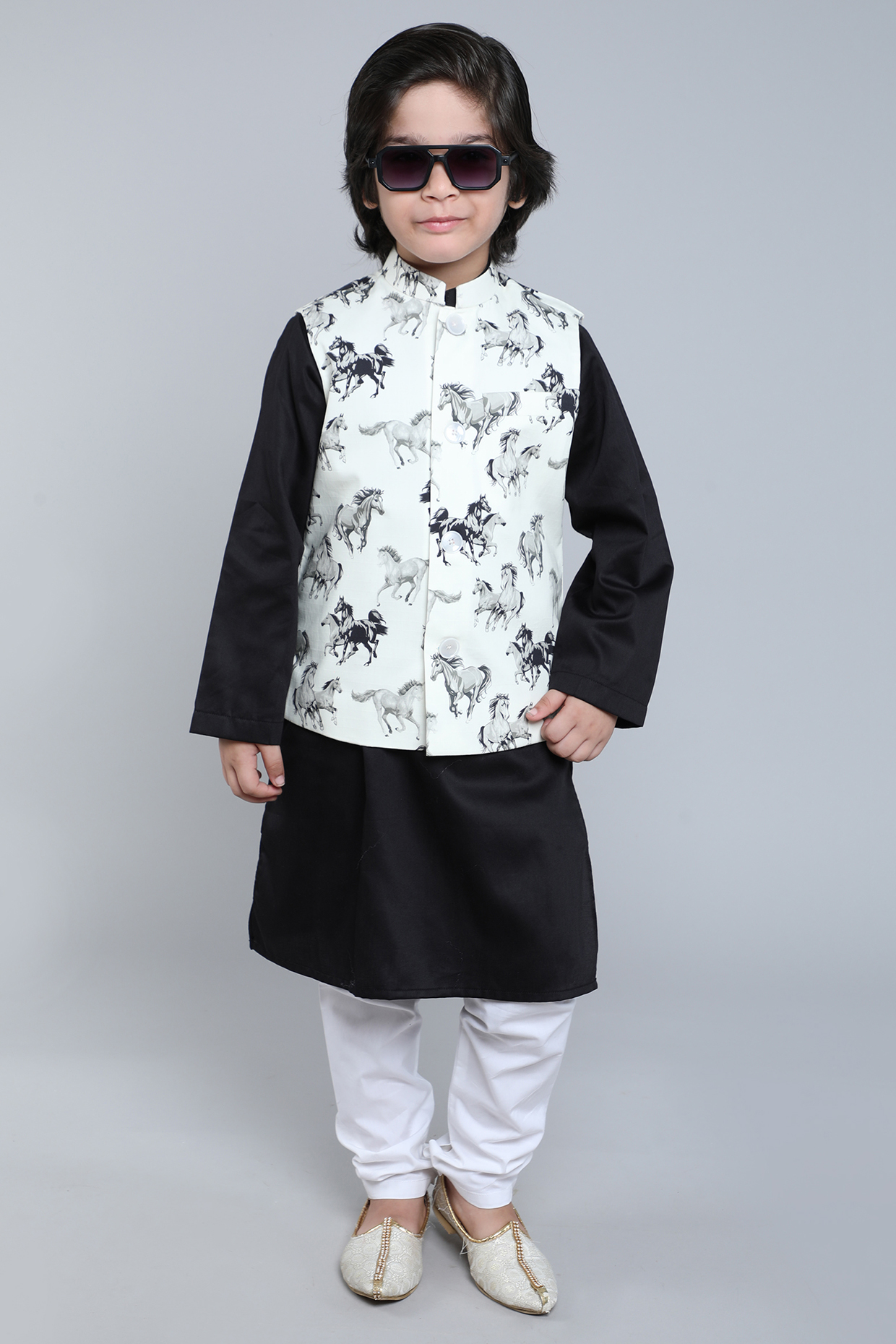 Cream Pure Cotton Printed Nehru Jacket Set For Boys by Little Clothings