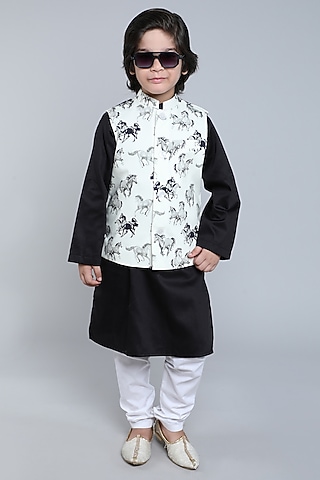 Cream Pure Cotton Printed Nehru Jacket Set For Boys by Little Clothings