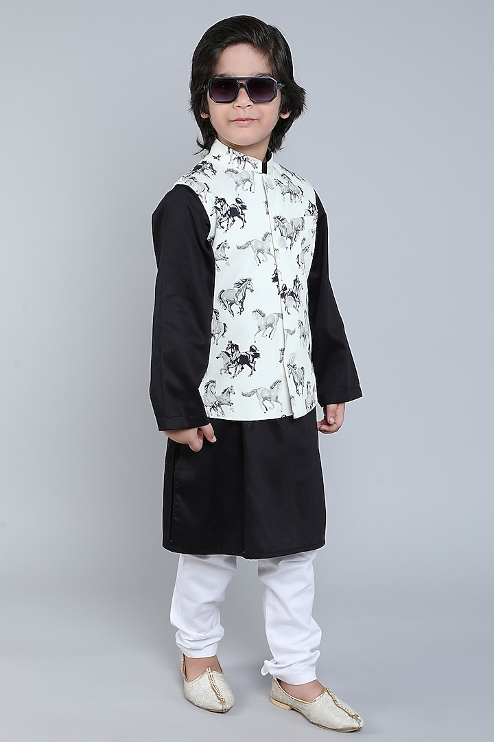 Cream Pure Cotton Printed Nehru Jacket Set For Boys by Little Clothings at Pernia's Pop Up Shop