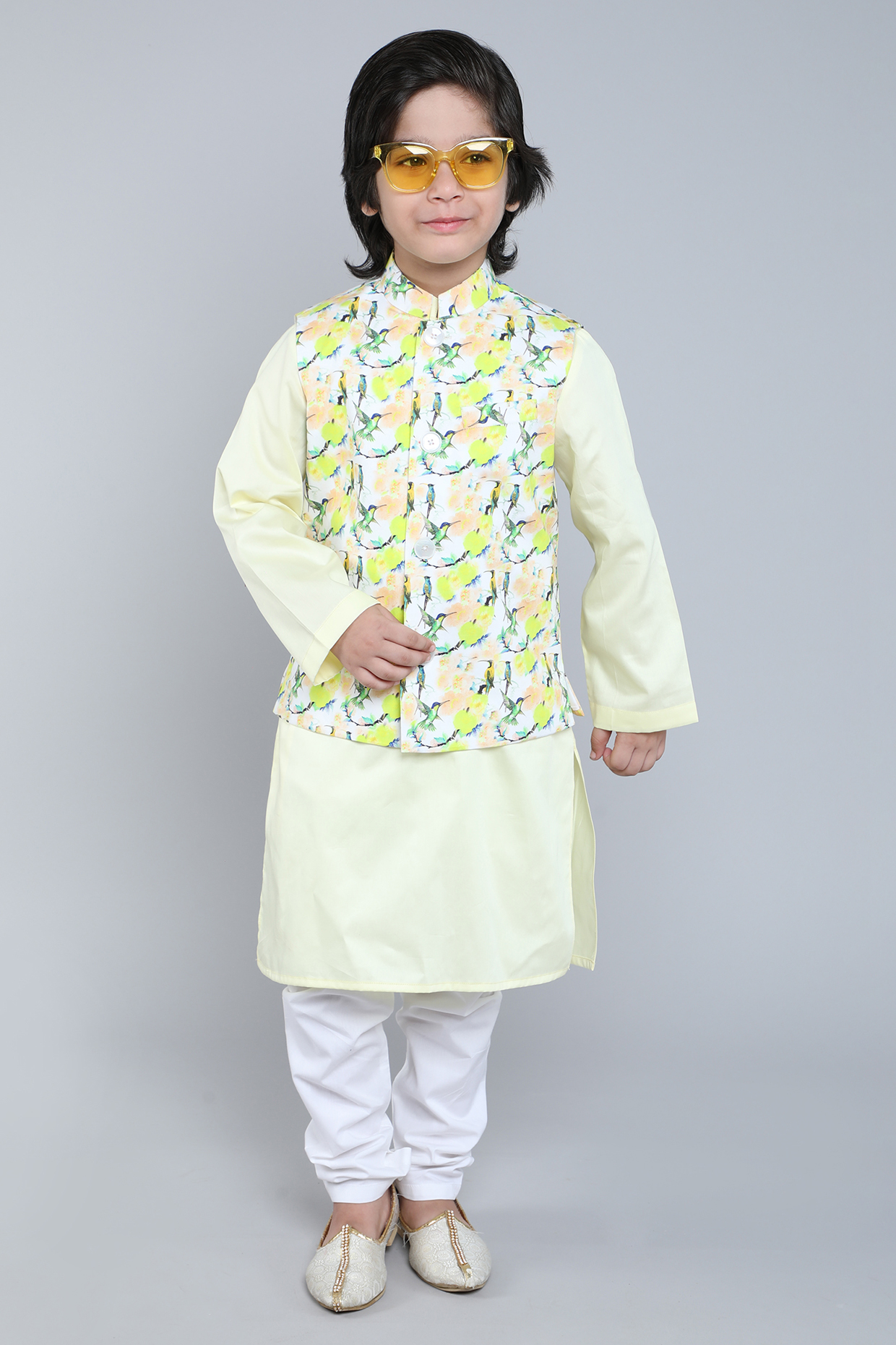 Cream Pure Cotton Printed Nehru Jacket Set For Boys by Little Clothings