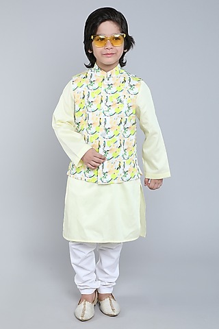 Cream Pure Cotton Printed Nehru Jacket Set For Boys by Little Clothings