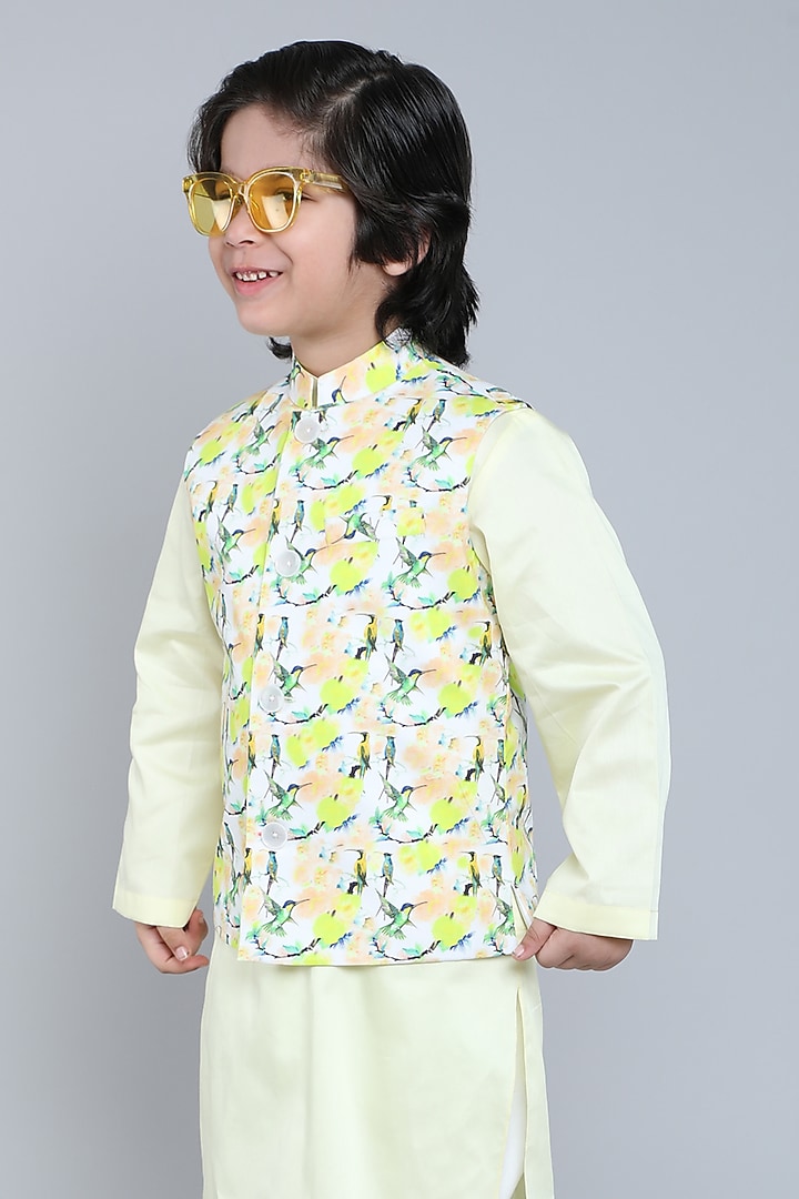 Cream Pure Cotton Printed Nehru Jacket Set For Boys by Little Clothings at Pernia's Pop Up Shop