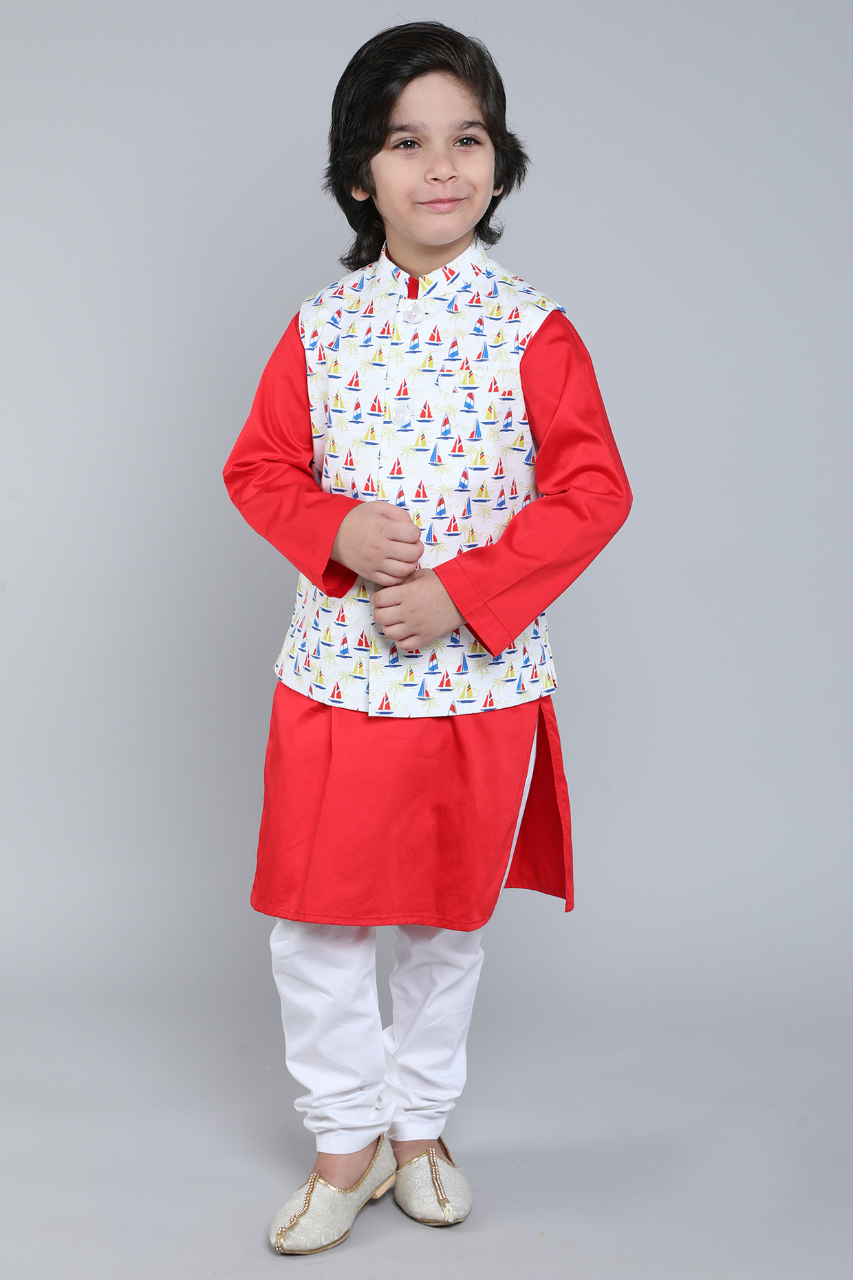 Cream Pure Cotton Printed Nehru Jacket Set For Boys by Little Clothings
