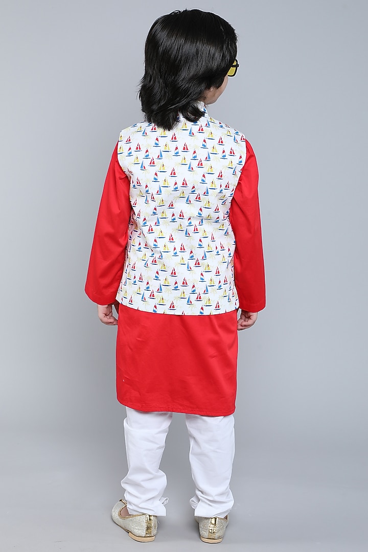 Cream Pure Cotton Printed Nehru Jacket Set For Boys by Little Clothings at Pernia's Pop Up Shop