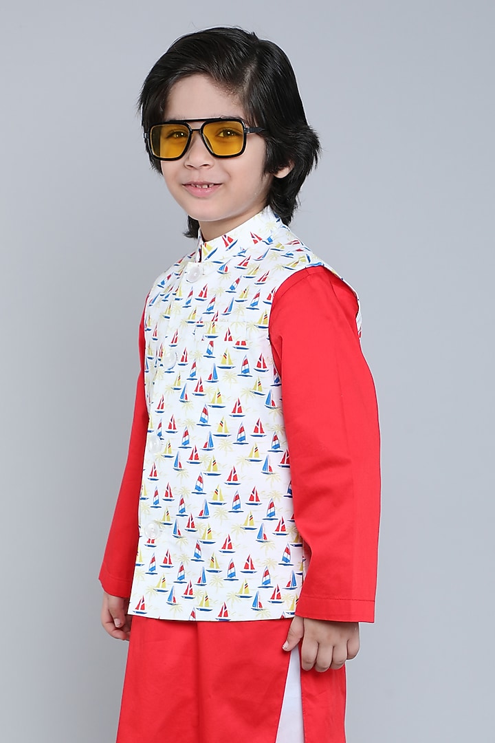 Cream Pure Cotton Printed Nehru Jacket Set For Boys by Little Clothings at Pernia's Pop Up Shop