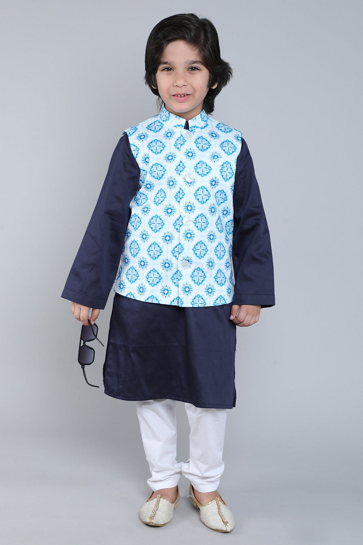 Blue Pure Cotton Geometric Printed Nehru Jacket Set For Boys by Little Clothings