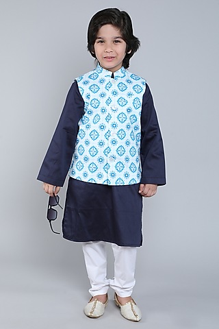 Blue Pure Cotton Geometric Printed Nehru Jacket Set For Boys by Little Clothings