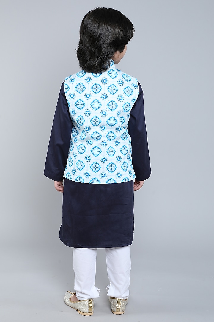 Blue Pure Cotton Geometric Printed Nehru Jacket Set For Boys by Little Clothings at Pernia's Pop Up Shop