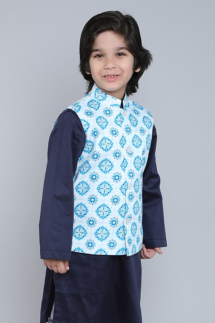 Blue Pure Cotton Geometric Printed Nehru Jacket Set For Boys by Little Clothings at Pernia's Pop Up Shop