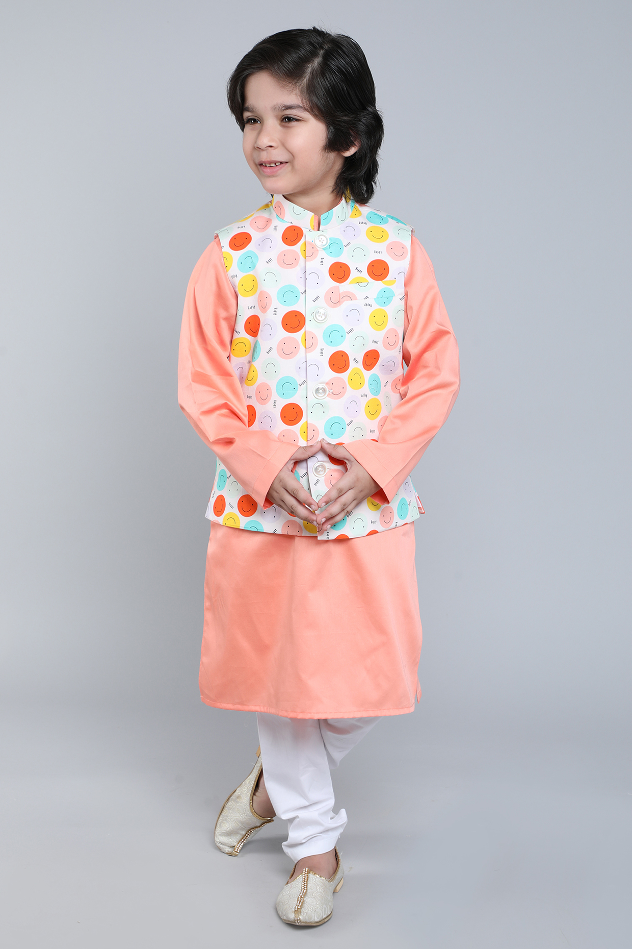 Cream Pure Cotton Printed Nehru Jacket Set For Boys by Little Clothings