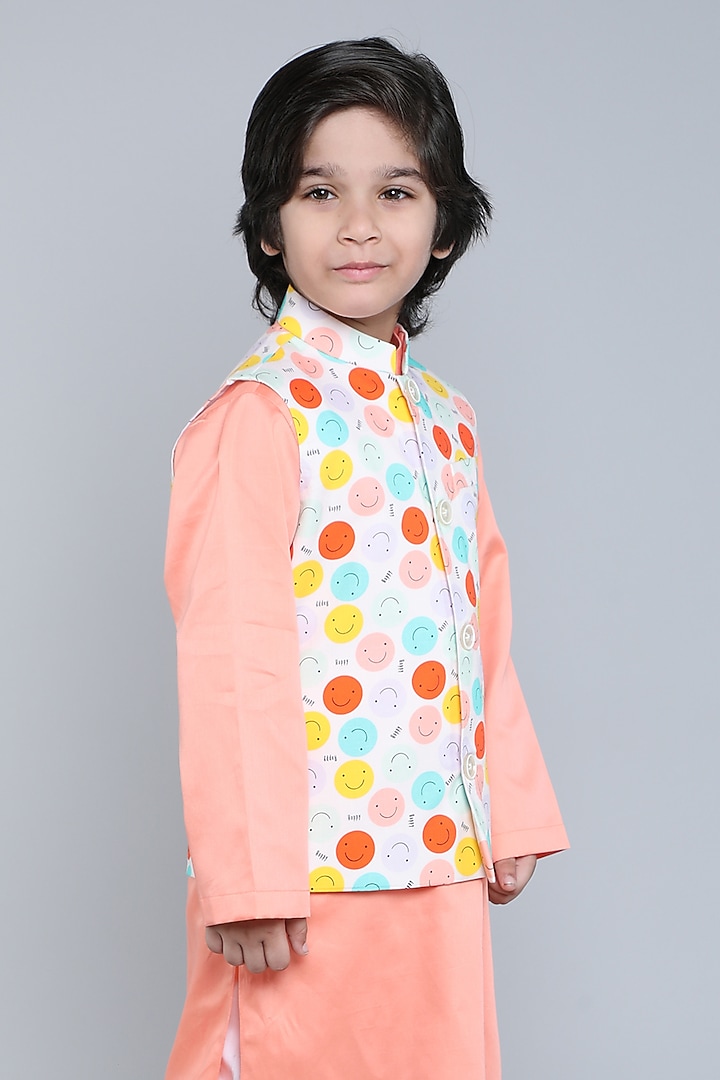 Cream Pure Cotton Printed Nehru Jacket Set For Boys by Little Clothings at Pernia's Pop Up Shop