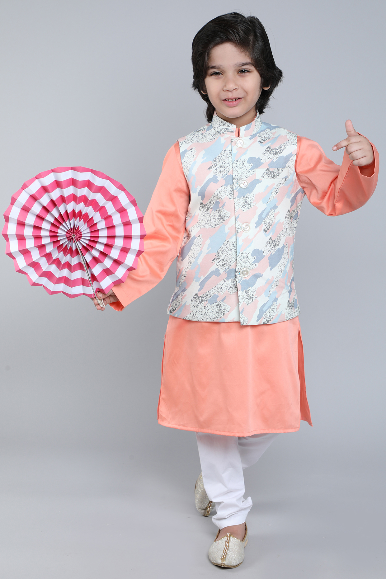 Cream Pure Cotton Abstract Printed Nehru Jacket Set For Boys by Little Clothings