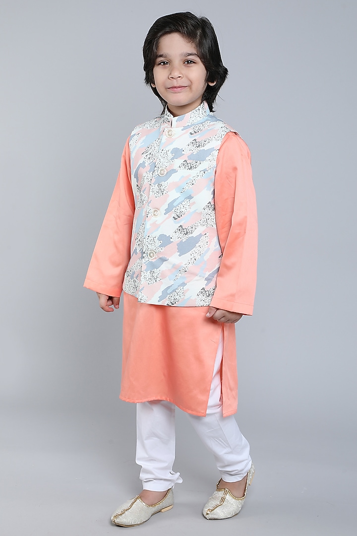 Cream Pure Cotton Abstract Printed Nehru Jacket Set For Boys by Little Clothings at Pernia's Pop Up Shop