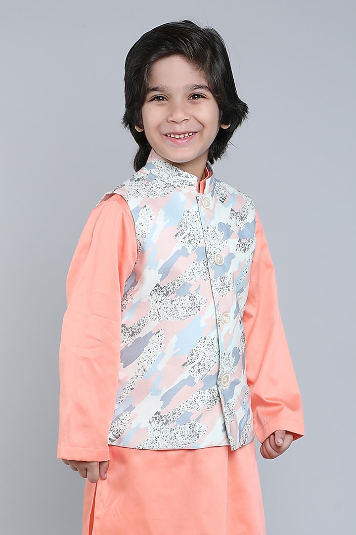 Cream Pure Cotton Abstract Printed Nehru Jacket Set For Boys by Little Clothings at Pernia's Pop Up Shop
