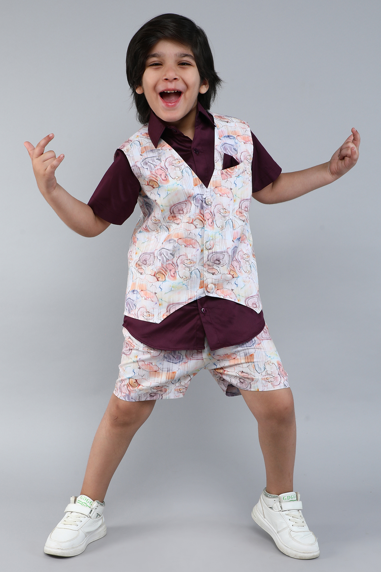 Multi-Colored Pure Cotton Printed Waistcoat Set For Boys by Little Clothings