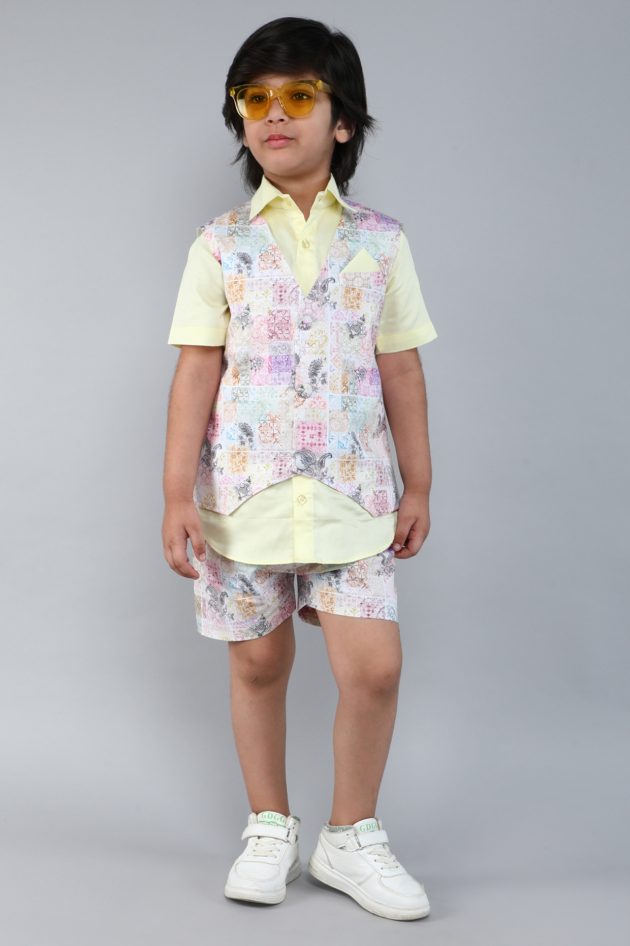 Multi-Colored Pure Cotton Printed Waistcoat Set For Boys by Little Clothings