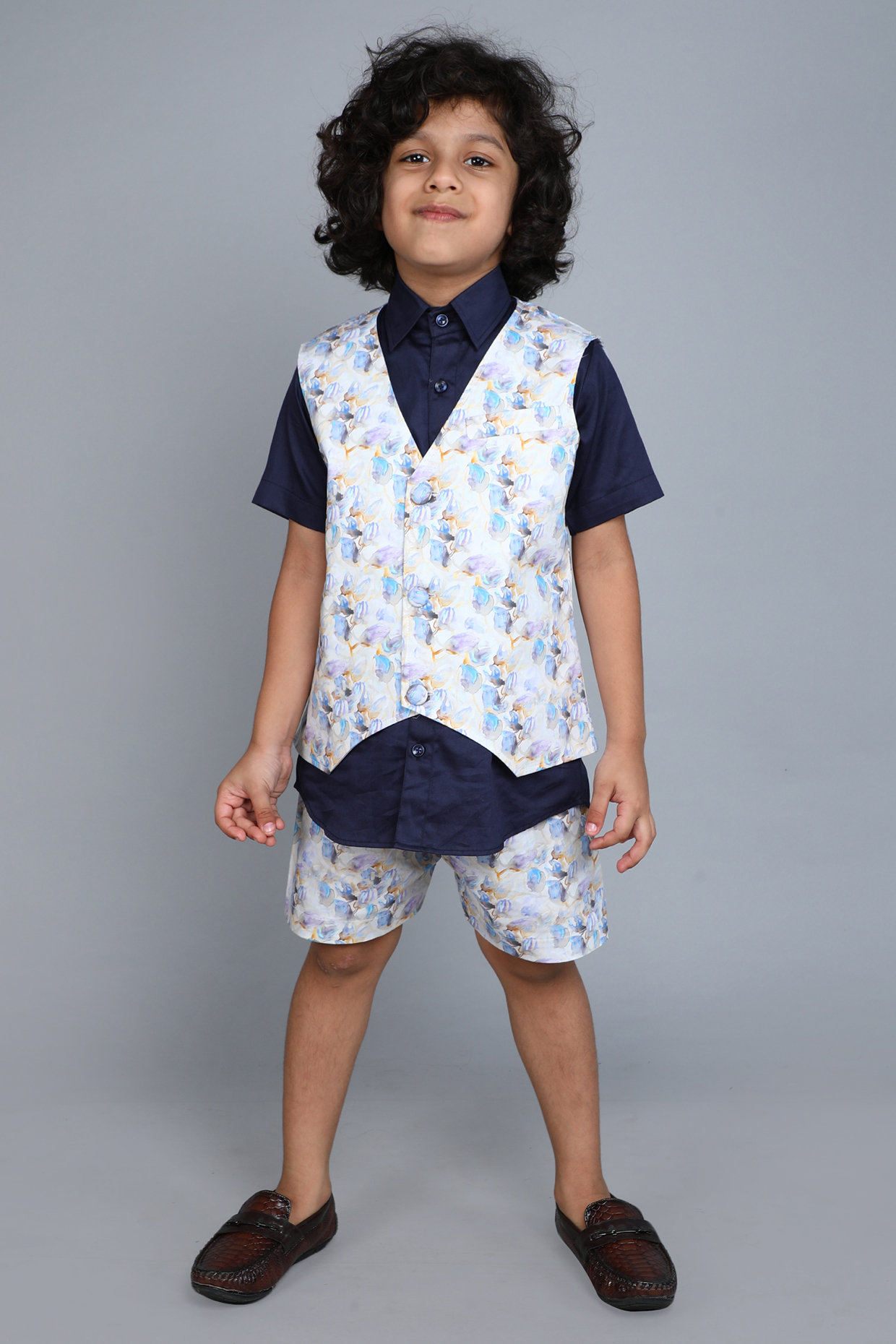 Cream Pure Cotton Printed Waistcoat Set For Boys by Little Clothings