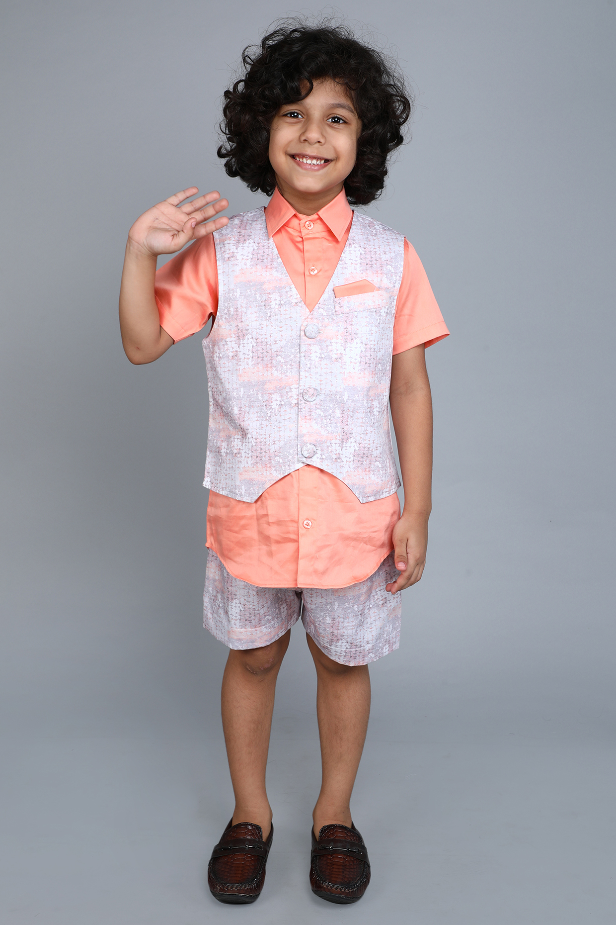Grey Pure Cotton Printed Waistcoat Set For Boys by Little Clothings